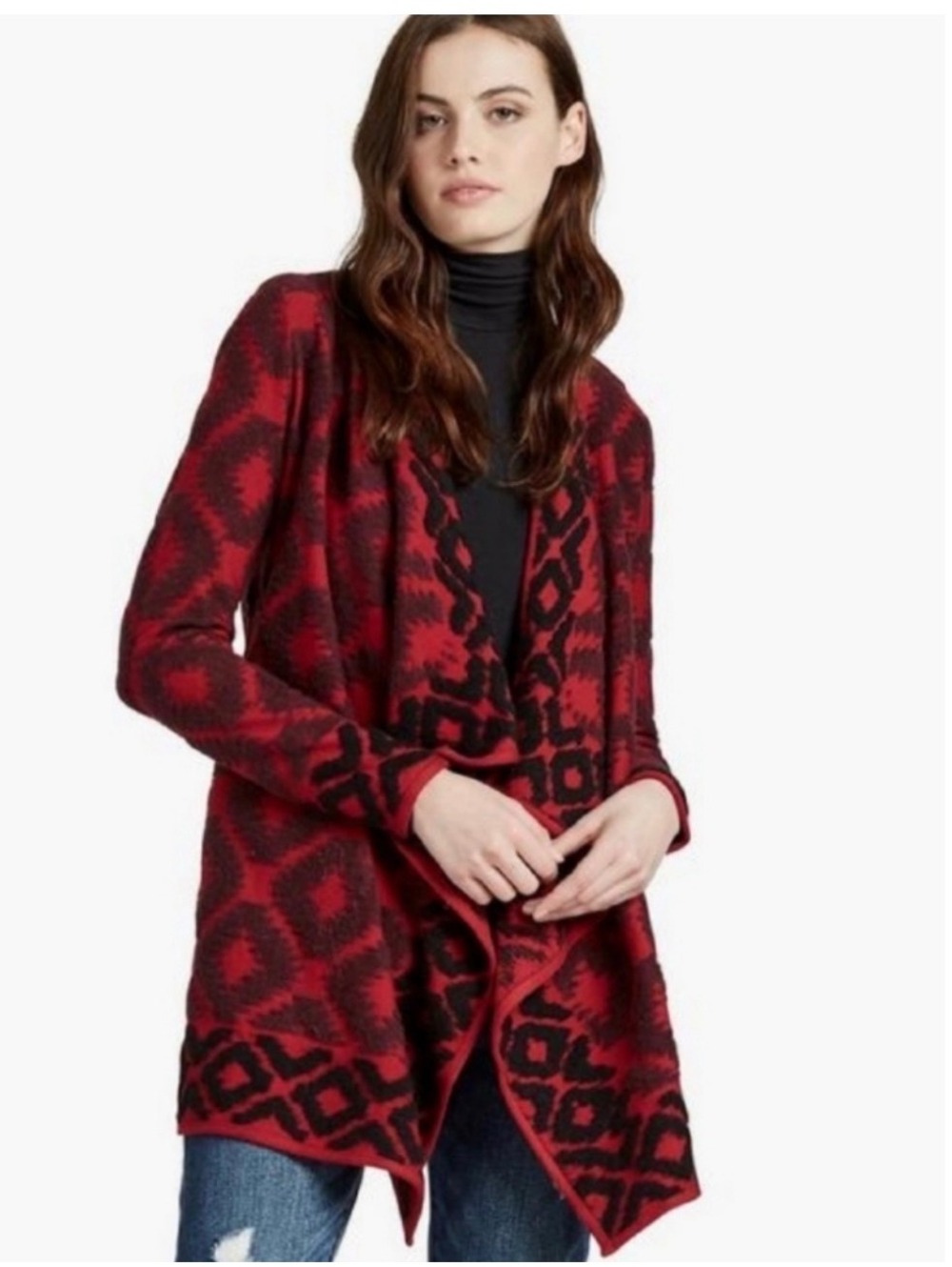 Lucky Brand Women’s Wrap Cardigan Red Black Medium Aztec Western Southwestern